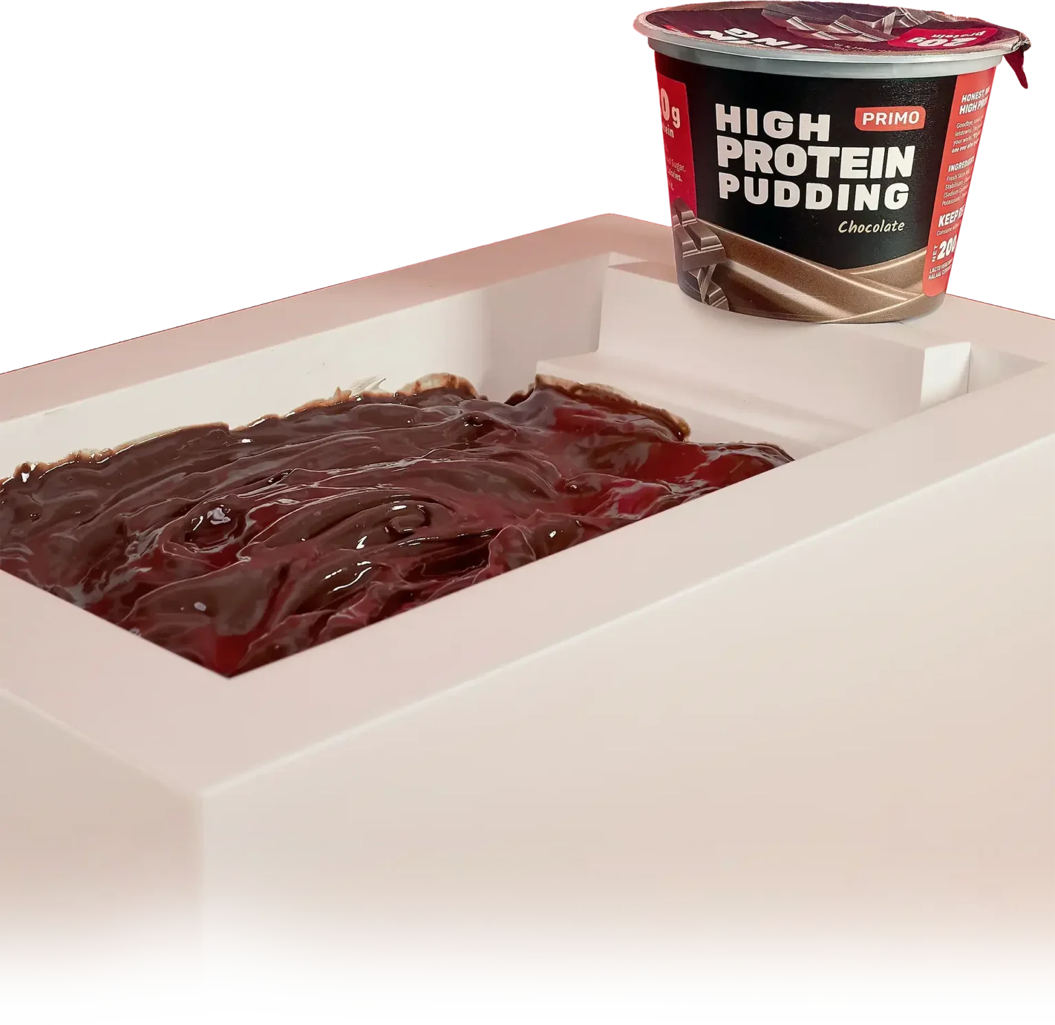 Primo Chocolate High Protein Pudding cup beside a glossy, rich chocolate pudding surface in a modern white container.