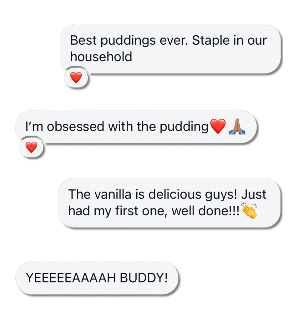 Collage of customer reviews praising Primo High Protein Pudding for its taste, texture, and flavour options.