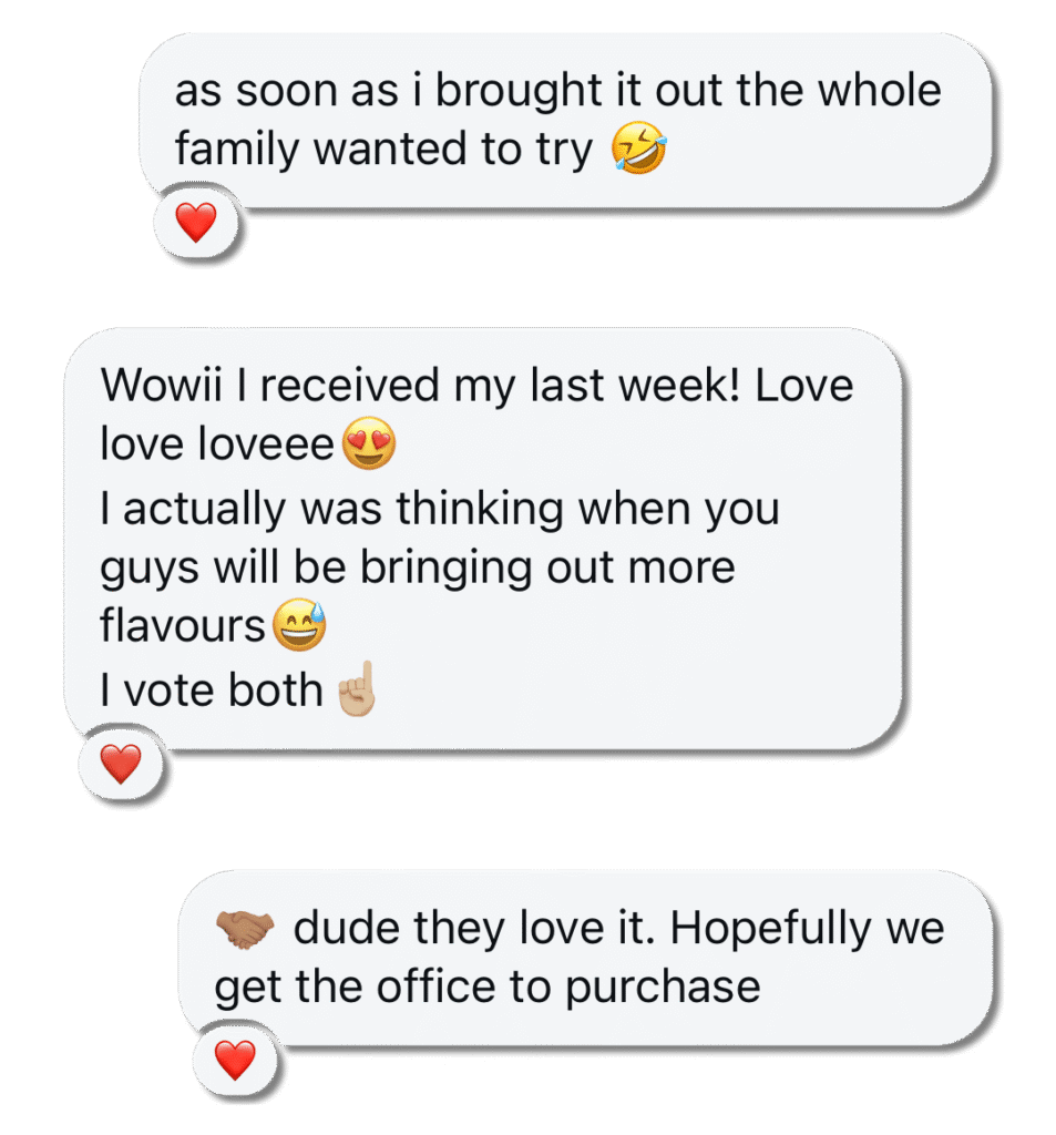 Collage of customer reviews highlighting family favourites, flavour love, and office-wide enjoyment of Primo Pudding.
