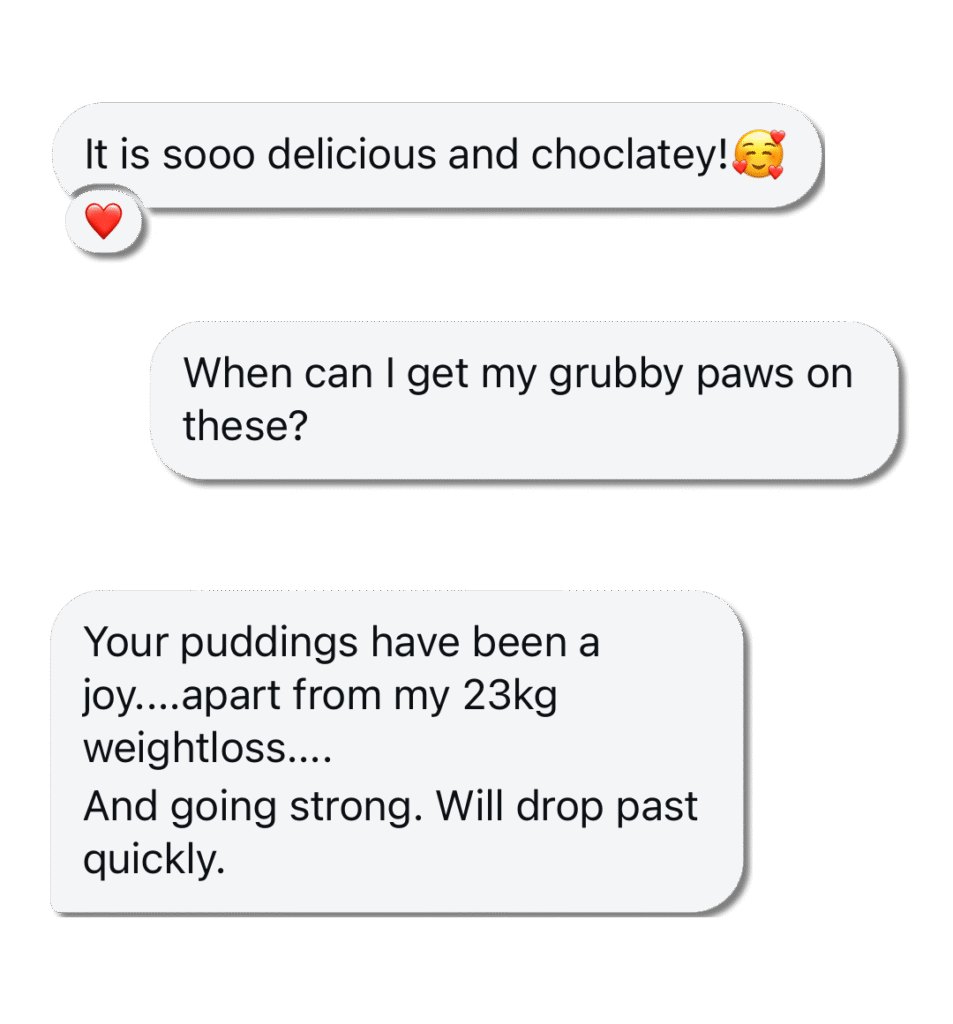Collage of customer reviews praising Primo Chocolate Pudding, expressing eagerness to buy, and celebrating it as part of a healthy lifestyle.