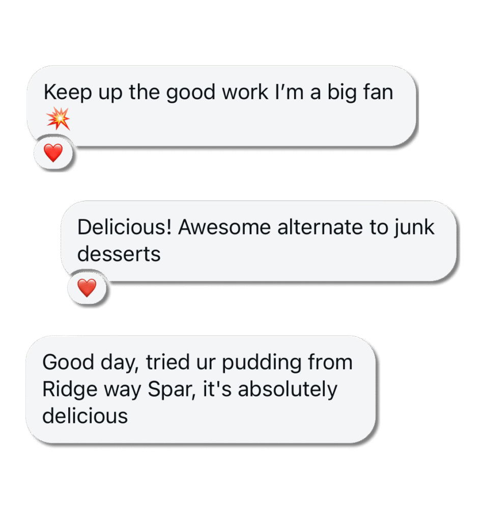 Collage of customer reviews praising Primo Pudding as a healthy dessert alternative that’s absolutely delicious.